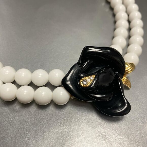 KJL for Avon Black Rose Double Strand White Bead Necklace - Picture 2 of 8